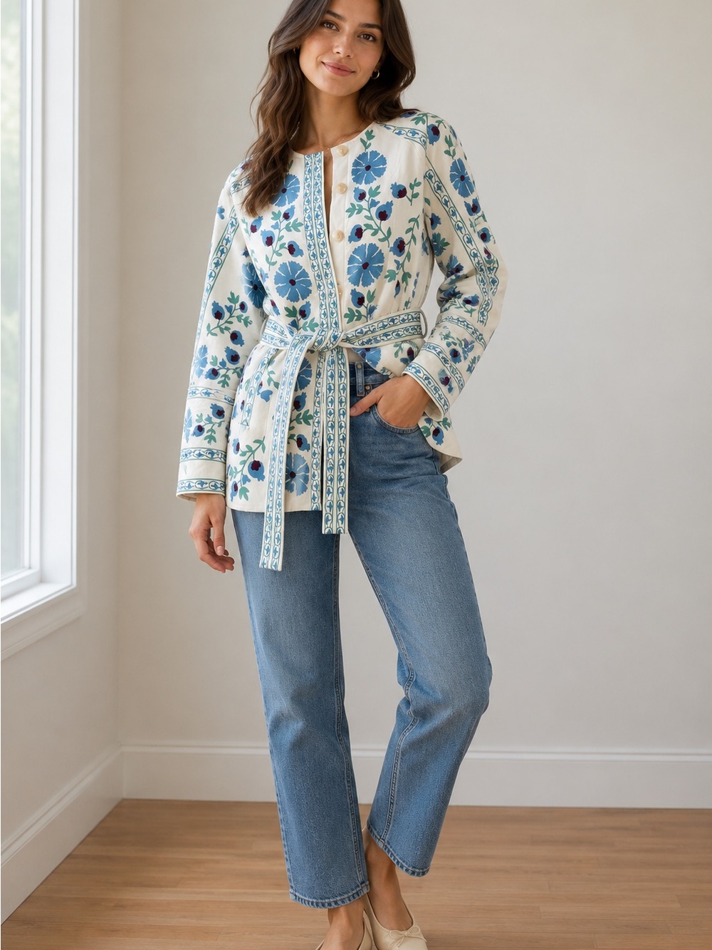 Embroidered Floral Belted Jacket in Blue and White